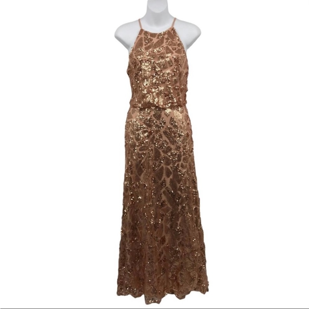 Donna Morgan Rose Gold Tiffany Gown 6 Sequin Halter Neck Sleeveless Formal Dress
